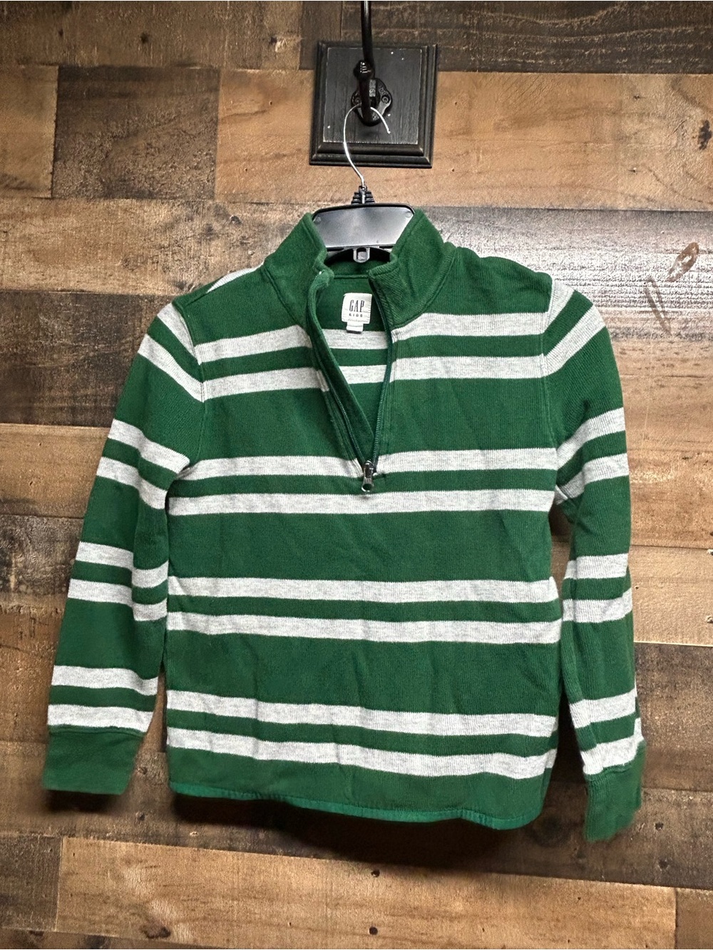GAP Men's Green and White Striped Half-Zip Pullover